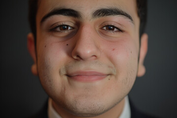 Close-up portrait of a young man of Middle Eastern descent, studio photo, against a sleek gray studio backdrop