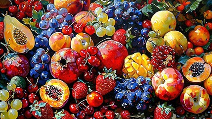   A close-up of various fruits on a table, featuring berries, oranges, apples, and pomegranates