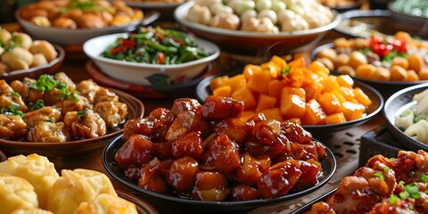 Obraz premium A table full of delicious Chinese food.