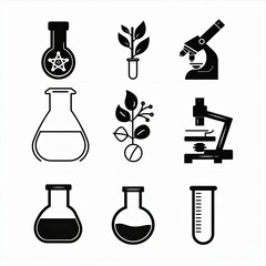 set in flat illustration style on the theme of biology: plant, microscope, flask with liquid, microbe, icon, black and white.