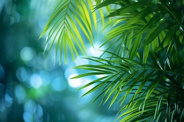 Obraz premium Abstract green blurred background of palm leaves