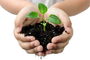Plant in hands isolated, young sprout, new plant growing in soil, organic farming, environment care, earth day