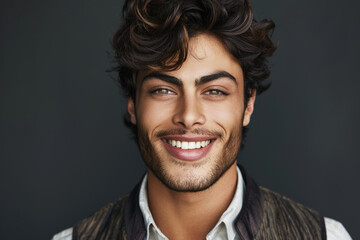 Obraz premium Close-up portrait of a young man of Middle Eastern descent, studio photo, against a sleek gray studio backdrop