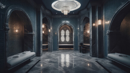 Obraz premium Lavish Turkish Bath or Hamam Interior with Rich Oriental Design, Featuring Marble Tiles, Mosaic Art, and Ornate Details – A Prestigious Spa and Wellness Sanctuary