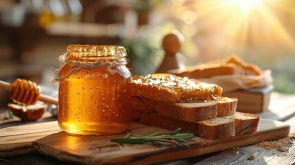 fresh bread drizzled with honey on a wooden table