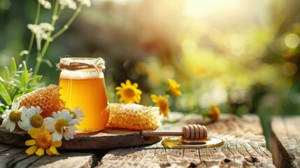 fresh honey and milk on a wooden table on a sunny summer day