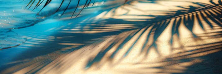 Obraz premium Palm tree shadows on sandy beach texture background, palm branch beige ocean dune wallpaper