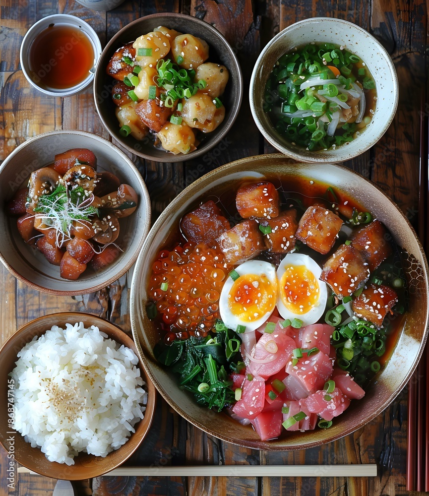 Wall mural japanese food with rice, fish, eggs, and vegetables