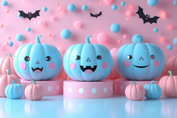 Three pumpkins with faces on them are on a pink and blue background