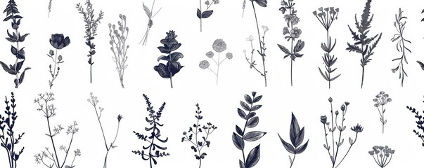 Seamless pattern of hand-drawn wildflowers on a white background. The intricate and delicate design is perfect for nature, botanical, and vintage themes.