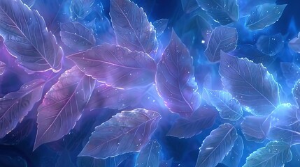 Naklejka premium A detailed image showcases various green foliage against a vibrant blue and purple backdrop, featuring droplets of water splashing onto the leaves