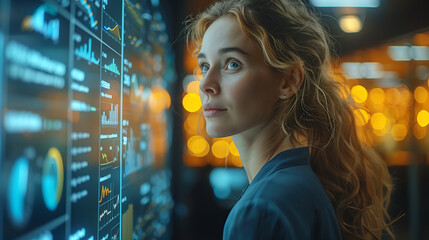 business woman professional looking at an interactive screen displaying data and graphs, symbolizing the use of technology in modern work environments
