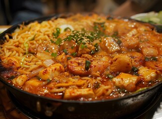 A delicious dish of spicy pork and seafood with noodles