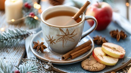 A cozy winter scene with a cup of cinnamon apple tea, a stick of cinnamon for stirring, and a plate of apple slices and cinnamon cookies