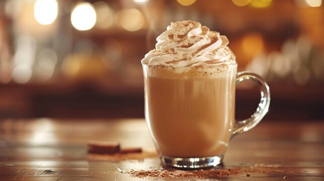 A delicious-looking pumpkin spice latte in a clear glass mug, topped with whipped cream and a sprinkle of cinnamon, set against a cozy caf&eacute; backdrop