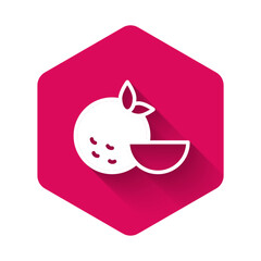 White Orange fruit icon isolated with long shadow. Pink hexagon button. Vector
