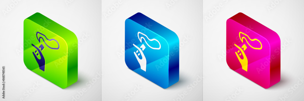 Sticker Isometric Hand with smoking cigarette icon isolated on grey background. Tobacco sign. Square button. Vector