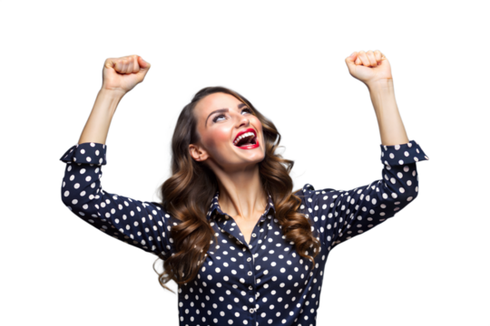 Happy Woman With Long Brown Hair Wearing Polka Dot Shirt Celebrates With Raised Arms