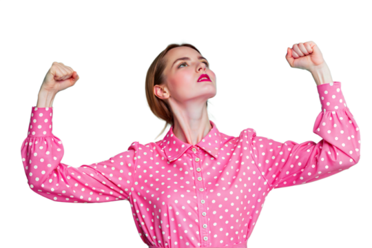 Woman In Pink Polka Dot Blouse Flexing Muscles With Head Tilted Back