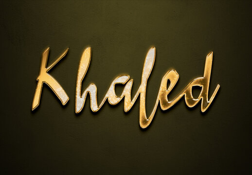 Old gold text effect of Arabic name Khaled with 3D glossy style Mockup.