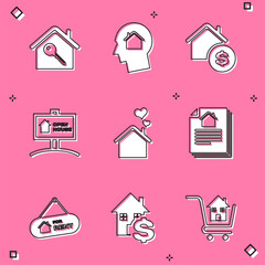 Set House with key, Man dreaming about buying house, dollar, Hanging sign Open, heart shape, contract, For Rent and icon. Vector