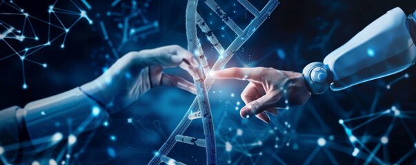 Human and robotic hand touch a DNA strand in futuristic medical technology concept