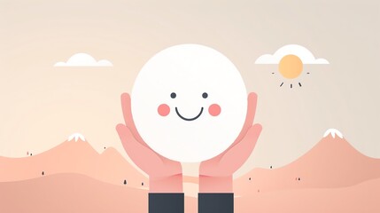 Cute illustration of hands holding a smiling round object with mountains and sun in the background, conveying happiness and positivity.