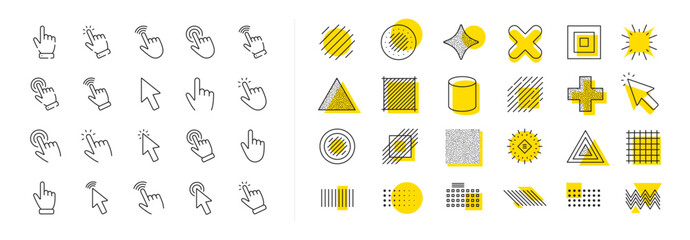 Mouse cursor, hand finger and press here set. Design shape elements. Click pointer line icons. Computer arrow, interface tool and web point line icons. Vector