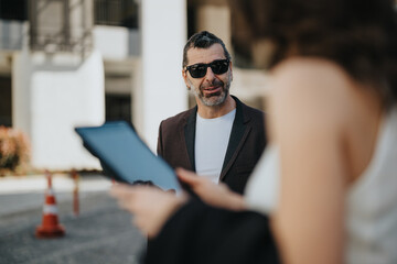 Business team in casual attire engaged in a discussion over statistical data on a tablet in an urban outdoor environment.