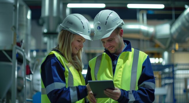 Male and female workers in high visibility vests and helmets using tablet in industrial setting