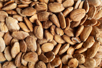 Close-up of homemade toasted blanched almonds showcasing their detailed rich, nutty texture and warm tones of these premium nuts. Natural food.