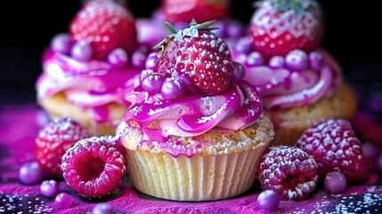   Cupcakes with frosting and strawberries on top