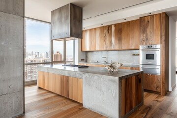 Modern Kitchen with Concrete Island and City View