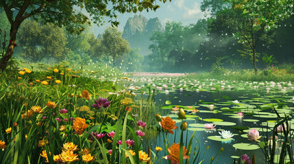 Serene Wetland Landscape with Lilly Pads and Blooming Lotus