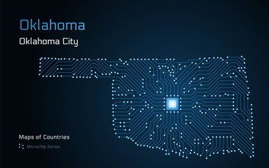 Oklahoma Map with a capital of Oklahoma City Shown in a Microchip Pattern. Silicon valley, E-government. United States vector maps. Microchip Series	