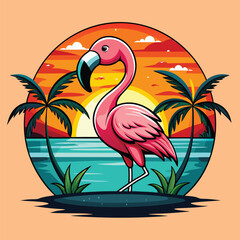 Obraz premium Flamingo on the background of trees and sunset etc vector illustration