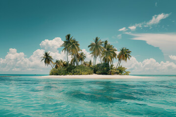 Small Tropical Island with Palm Trees Seen from Water Level at a Distance, Beautiful Weather and Paradise Atmosphere