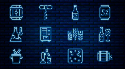 Set line Wooden barrel on rack, Beer bottle and glass, Vending machine, Cold beer, Wheat and Wine corkscrew icon. Vector