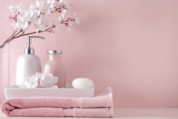 pink bathroom with flowers and bottles 