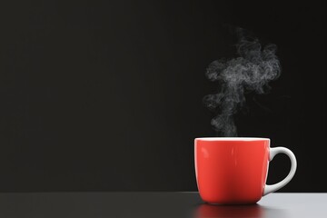 red cup of hot coffee with black background and smoke