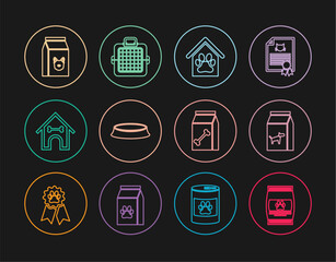 Set line Bag of food for pet, dog, Dog house and paw print, Pet bowl, bone, and carry case icon. Vector