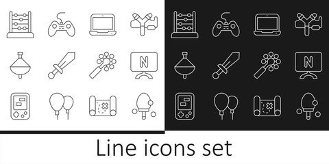 Set line Racket, Smart Tv, Laptop, Sword toy, Whirligig, Abacus, Rattle baby and Gamepad icon. Vector