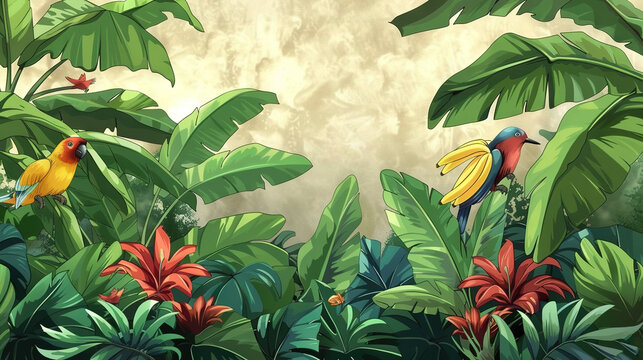   A bird and two parrots lively in the foreground, while a majestic banana tree dominates the background - this vibrant painting captures the essence of a tropical parad