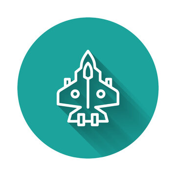 recommend clip art: White line Jet fighter icon isolated with long shadow background. Military aircraft. Green circle button. Vector