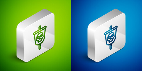 Isometric line Pirate flag icon isolated on green and blue background. Silver square button. Vector