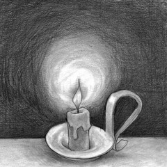 Candle in the Dark Grayscale Drawing