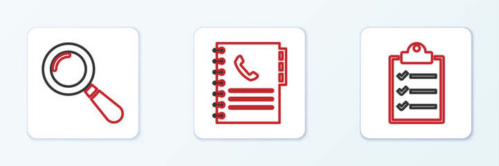 Set line Clipboard with checklist, Magnifying glass and Phone book icon. Vector