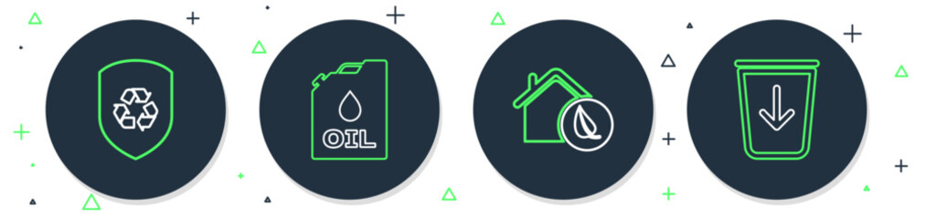 Set line Canister machine oil, Eco friendly house, Recycle inside shield and Send to the trash icon. Vector