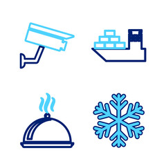 Set line Snowflake, Covered with tray of food, Cargo ship and Security camera icon. Vector