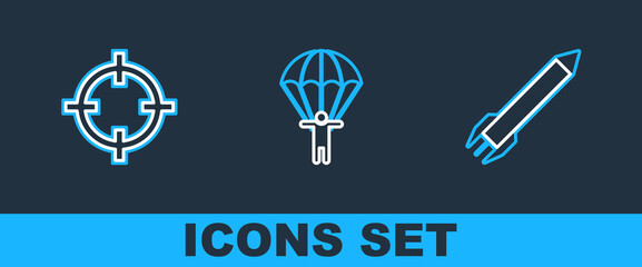 Set line Rocket, Target sport and Parachute icon. Vector